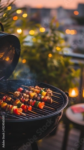 Fototapeta Twilight BBQ: A tantalizing BBQ scene unfolds at dusk, with skewers of colorful grilled delicacies sizzling over the hot grill, creating a tempting culinary moment.