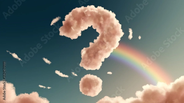 Fototapeta Pink clouds forming large question mark against sky with rainbow, symbolizing uncertainty, curiosity, or seeking answers, ideal for conceptual designs