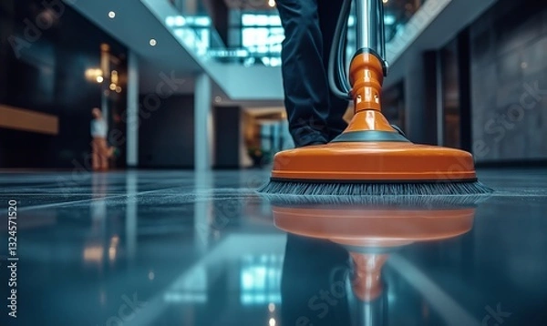 Obraz person cleaning floor with a scrubber in a building interior.