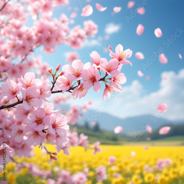 Fototapeta Cherry Blossoms and Canola Flowers on a Spring Day
