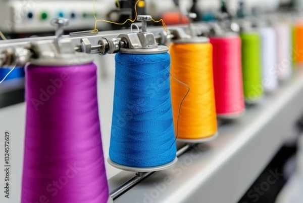 Fototapeta Colorful spools of thread arranged in a row on a sewing machine