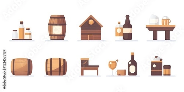 Fototapeta Vintage Beverage Elements: A collection of illustrated elements related to beverages, featuring wooden barrels, bottles, glasses, mugs, and a quaint shed-like structure, perfect for design projects.