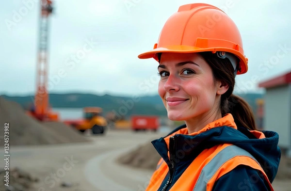 Fototapeta A modern banner featuring a close-up photograph of a woman wearing a safety helmet at a construction site. Includes empty space for text. Ideal for real estate, construction materials.