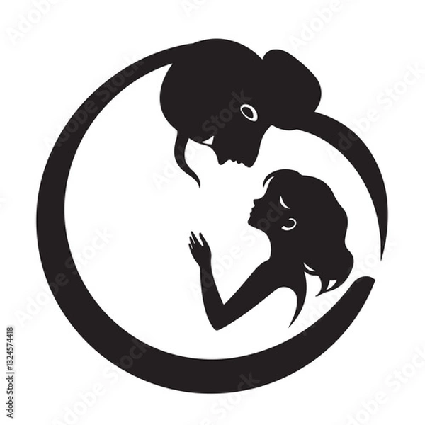Fototapeta Elegant black and white vector logo silhouette of a mother and child.  The design uses geometric shapes and clean lines, creating a balanced and symmetrical composition on a white background. No text.