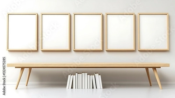 Fototapeta Five empty frames in room above books on bench for art display in white interior background