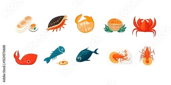 Fototapeta Seafood Delights: a vibrant array of delicious seafood icons, perfect for culinary projects, menu design, or food-related content, capture the essence of gastronomic pleasure and freshness.