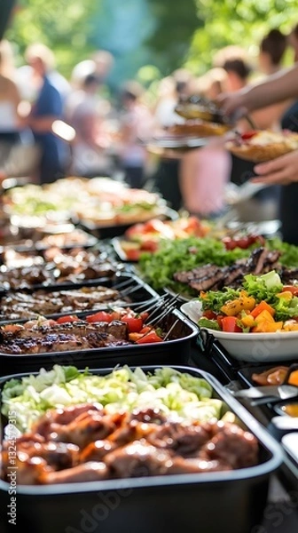 Fototapeta Summer Buffet: A vibrant display of delectable dishes at an outdoor buffet, capturing the essence of a lively social gathering, perfect for food lovers and event planners alike.