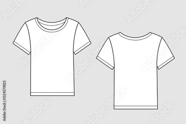 Fototapeta Female t-shirt vector template isolated on a grey background. Front and back view. Outline fashion technical sketch of clothes model.