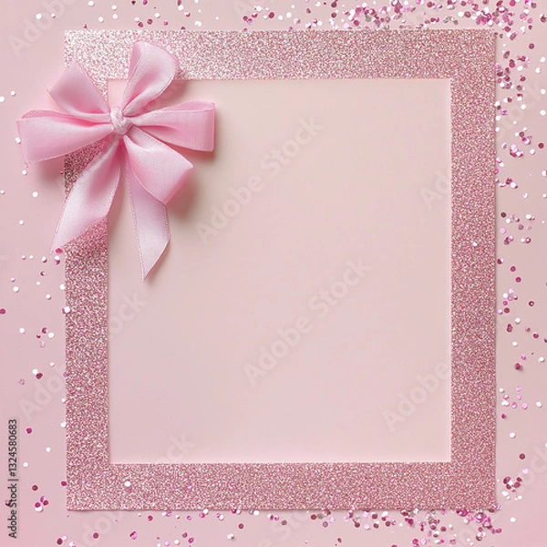 Fototapeta Pale pink background with pink glitter around the edges and a pink bow in the corner Made with generative AI