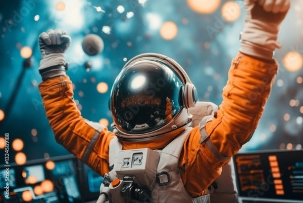 Fototapeta A team of astronauts celebrating in a control room after a successful mission, with the spacecraft landing visible on screens