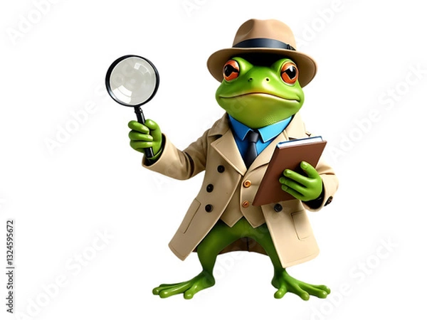 Obraz Cartoon frog detective holding magnifying glass and notepad.