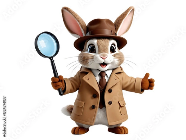 Fototapeta Cute cartoon rabbit detective with magnifying glass, giving thumbs up.