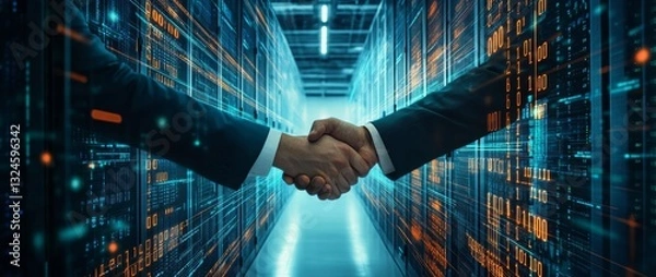 Fototapeta Businessmen shaking hands against a background of a data center with lights and digital code, a technology concept.