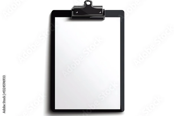 Fototapeta A high-quality vector illustration of a black clipboard with a blank white sheet and a metallic clip, isolated on a white background.