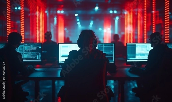Obraz hackers at work, silhouettes in front of computer screens with red neon lights.