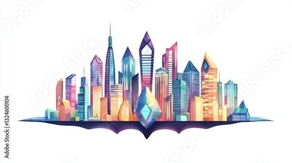 Obraz A vibrant urban skyline with colorful geometric skyscrapers and modern architecture.