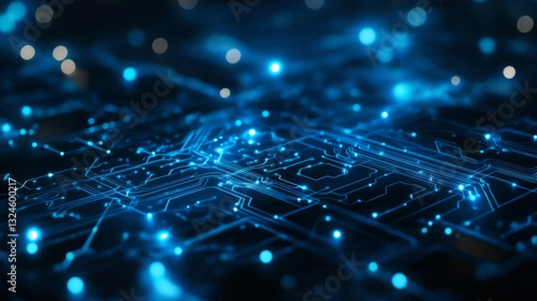 Obraz Futuristic circuit board wires in light blue on dark navy technology background. Artificial Intelligence banner concept. Abstract AI tech bg. Digital line pattern. Computer Vector illustration.