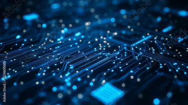 Obraz Futuristic circuit board wires in light blue on dark navy technology background. Artificial Intelligence banner concept. Abstract AI tech bg. Digital line pattern. Computer Vector illustration.