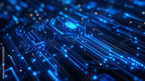 Obraz Futuristic circuit board wires in light blue on dark navy technology background. Artificial Intelligence banner concept. Abstract AI tech bg. Digital line pattern. Computer Vector illustration.