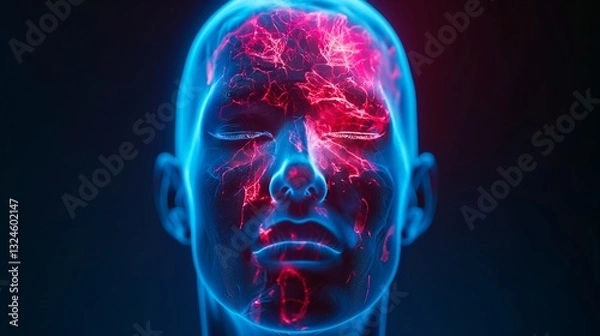 Fototapeta A futuristic digital representation of a human head illustrating neural connections and vibrant energy patterns.
