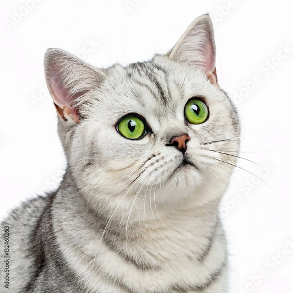 Fototapeta Portrait of a Silver Tabby British Shorthair Cat Looking at the Camera on a White Background