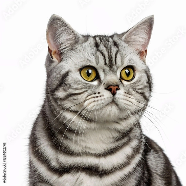 Fototapeta Portrait of a Silver Tabby British Shorthair Cat Looking at the Camera on a White Background