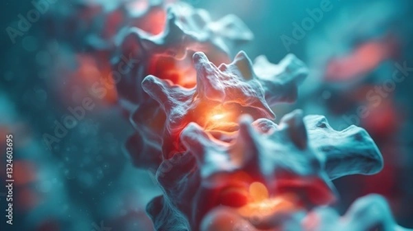 Fototapeta A detailed, close-up view of a spinal structure showcasing vibrant colors and intricate textures, radiating a sense of life and energy.