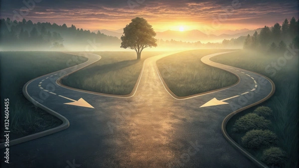 Obraz A road splitting into multiple glowing paths, a confident figure choosing one with clarity, symbolizing decisive adaptability, [leadership], [strategic thinking].