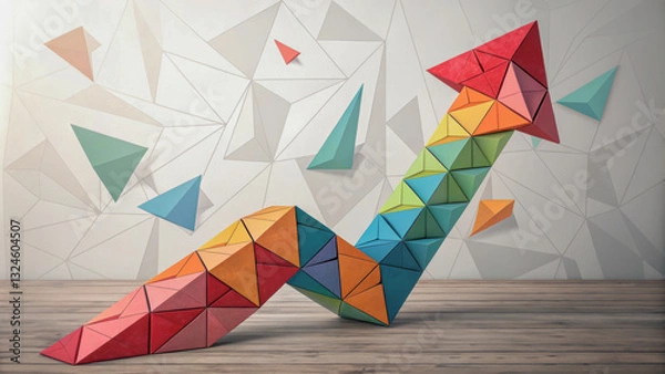 Obraz Geometric origami pieces forming a rising arrow, a metaphor for creative innovation in strategic growth.