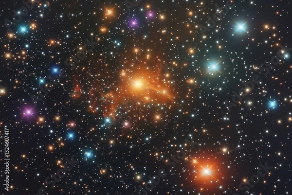 Fototapeta This photo captures a vibrant space filled with a multitude of stars Exaggerated nebulosity of a dwarf galaxy in rainbow colors .