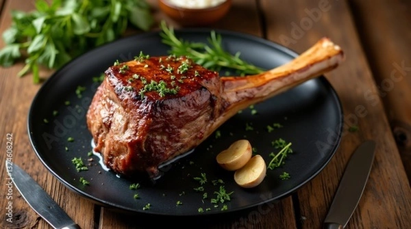 Obraz  a beautifully prepared Tomahawk steak served on a black plate.