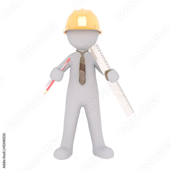 Obraz Cartoon Architect with Hard Hat, Ruler and Pencil