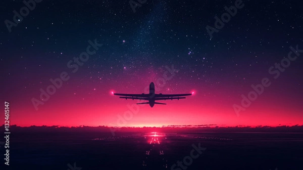 Obraz Abstract digital flight plane. The aircraft flies away into distance. Geometric polygonal airplane in the night sky. Airline technology background. Travel and Vacation concept. 3D Vector illustration.