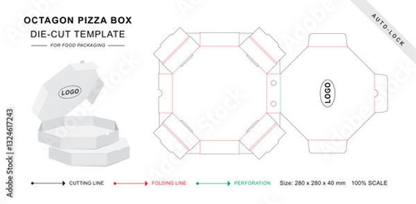Fototapeta Octagon Pizza box die cut template with 3D blank vector mockup for food packaging