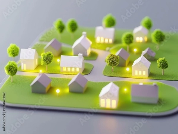 Fototapeta A miniature model of a suburban neighborhood with glowing houses and small trees, representing community and modern living.