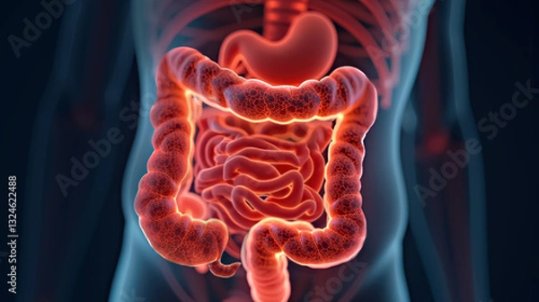 Fototapeta 
Digital representation of human digestive system, highlighting large intestines with lighting effect. 3D illustration of human digestive system with intestines highlighted