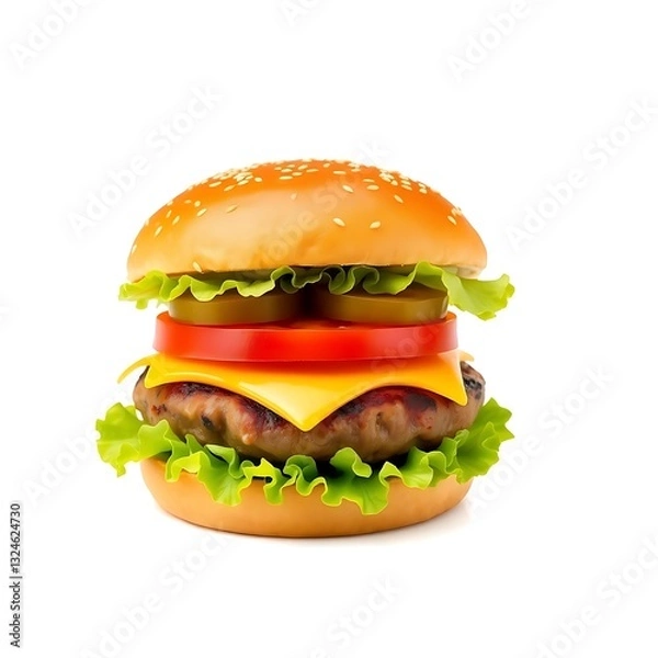Fototapeta Close up of tasty burger isolated on white background. french fries and the burger with meat, cooking a burger at home. junk fast food.