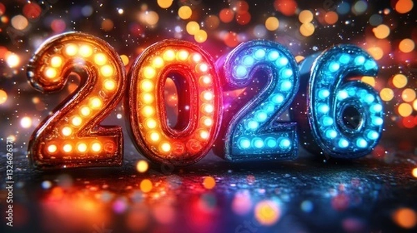 Fototapeta Glowing neon 2026 numbers with colorful bokeh lights in festive atmosphere. Happy New Year 2026