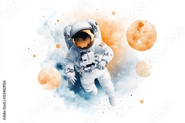 Fototapeta A dreamy watercolor depiction of an astronaut floating in space, surrounded by swirling galaxies and soft, glowing stars