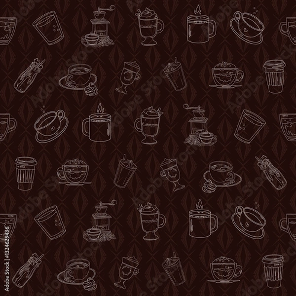 Obraz Seamless Coffee Pattern – Hand-Drawn Vintage Cafe Background
