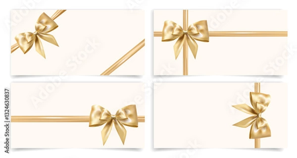 Obraz Elegant gift cards templates set with realistic golden ribbons and bows. Perfect for gift vouchers, certificates, event invitations, holiday greetings, and luxury branding. Vector illustration