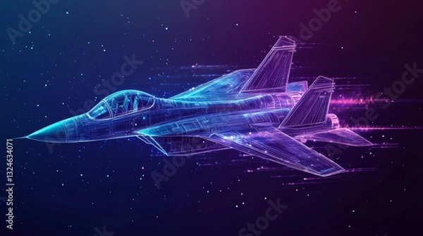 Obraz High speed concept. Fighter jet in the form of a starry sky or space, consisting of points, lines, and shapes in the form of planets, stars and the universe. Vector wireframe concept. Blue purple