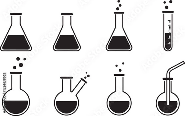 Fototapeta Lab flasks black silhouette test icon set, flasks for chemical experiments. Glass flask for alchemy, magic drinks. Science laboratory icons. Chemistry icon.
