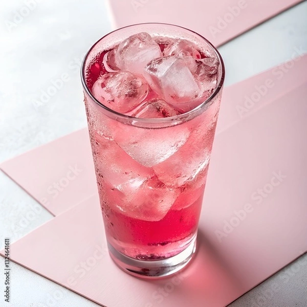 Fototapeta A stylish pink-themed setup featuring a glass of iced rose lemonade with a fresh floral garnish. The drink captures the essence of summer with its cooling and aromatic properties