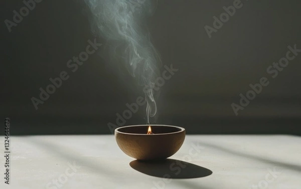 Fototapeta Rustic Brown Bowl Candle Holder with Rising Smoke in Dim Light