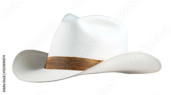Fototapeta A stylish white cowboy hat with a brown band, isolated on a transparent background, perfect for western-themed designs.