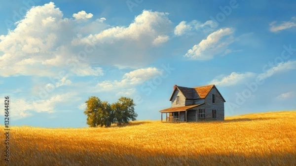Fototapeta A weathered house stands alone in a vast golden field