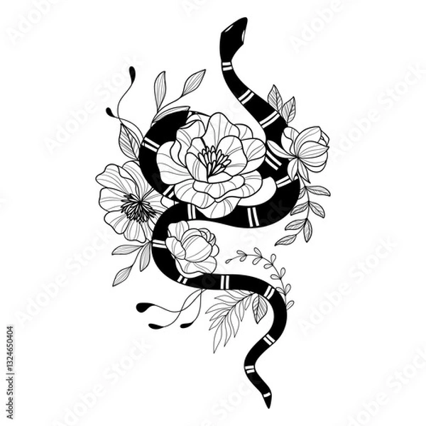 Obraz Mystical serpent entwined with celestial flowers in a delicate tattoo design