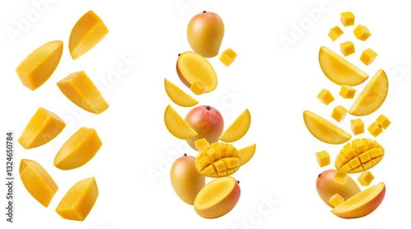 Fototapeta Mango set PNG. Tropical mango slices falling down PNG. Fresh, juicy mango pieces isolated on transparent background. Floating mango pieces PNG. Dynamic falling mango slices isolated