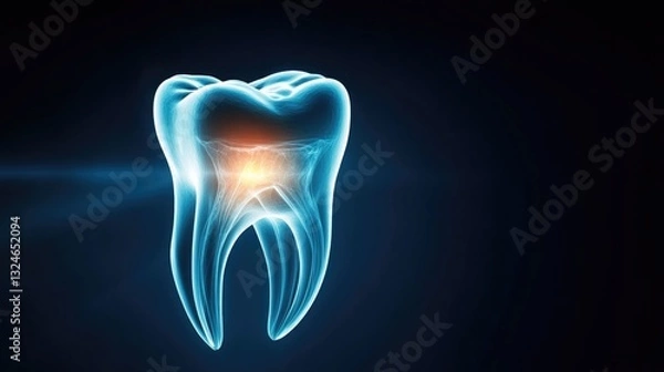 Obraz Glowing 3d tooth with visible nerve structure on dark background